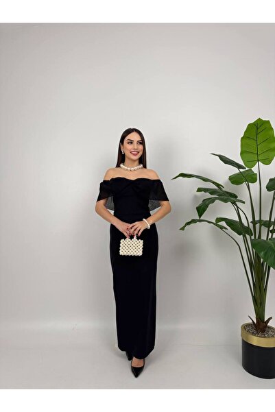 Fade straplez şifon garnili atlas gloplu elbise