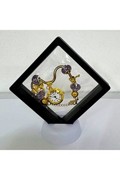 FashionForYou Ceas elegant Gold VSH cu pandativ, margele tip Murano si bratara reglabila, Negru