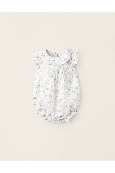 Ziddy Floral Cotton Jumpsuit for Newborn Girls, White/Blue/Pink