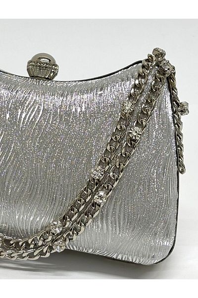 NAZART Women's Wavy Glitter Silver Evening Dress Clutch Chain Strap Hand Wedding Engagement Evening Bag