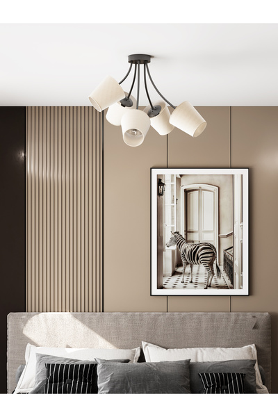 avizade ALLEGRA Modern Siyah Metal Beyaz Kumaş Şapkalı 5'li Avize | Modern Sa...