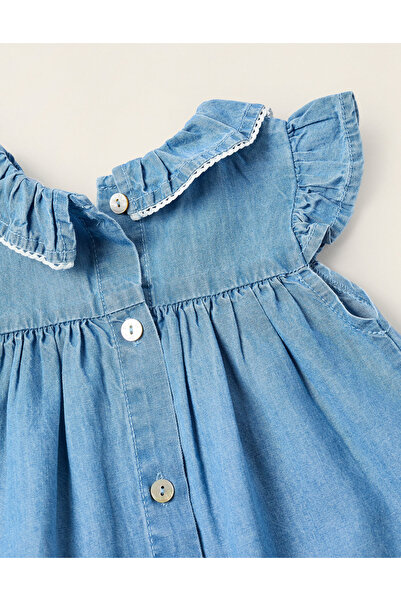 Ziddy Dress + Bloomers in Denim with Ruffles for Newborn Girls, Blue