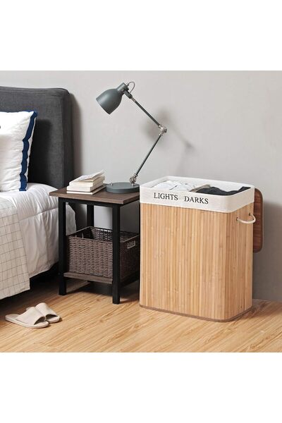 SONGMICS Cos de rufe din bambus cu capac, 2 compartimente, sac detasabil, volum 100L, 52x32x62cm