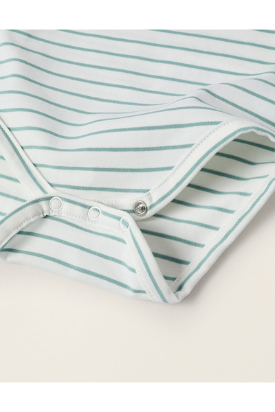 Ziddy Bodysuit with Striped Motif for Newborns 'Smiley', White/Green