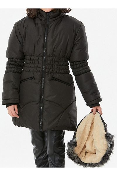 İrem Çocuk Giyim Girl's Black Coat with Elastic Waist and Sleeves