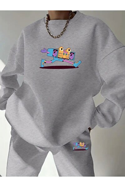 FUFLUNS طقم بدلة رياضية برقبة دائرية كبيرة الحجم للجنسين مطبوع عليها رسوم كار...