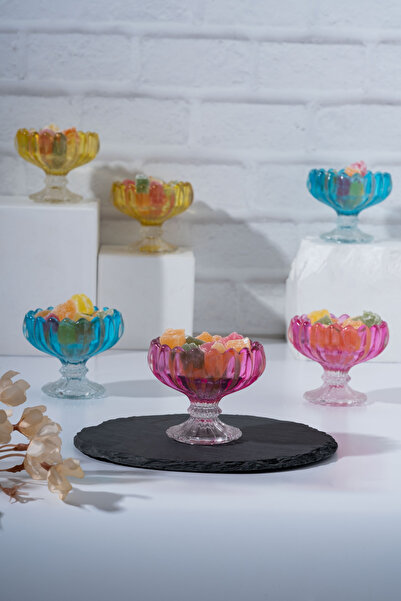 MEST 6’lı Renkli Ayaklı Cam Çerezlik & Lokumluk Seti – 8 cm Desenli