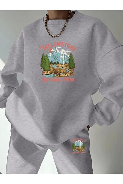 FUFLUNS طقم رياضي مطبوع عليه YELLOWSTONE للجنسين برقبة دائرية كبيرة الحجم