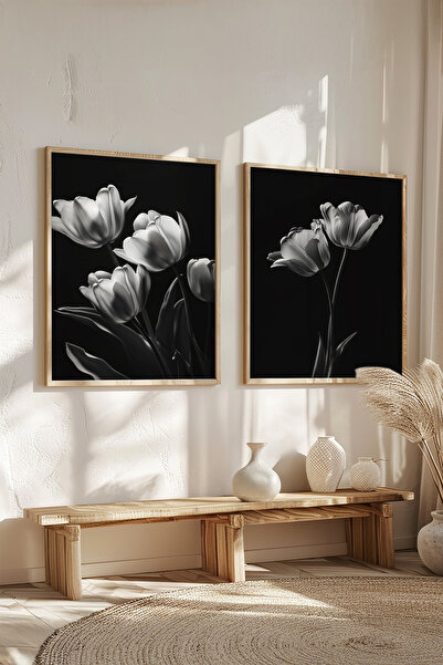 STARYUNA Set de 2 picturi cu tematică lalele alb-negru cu rame din lemn Yuna244