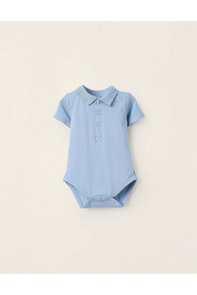 Ziddy Polo-Bodysuit with Ribbed Collar for Newborns, Blue