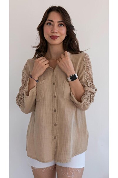 QYA Clothing Πουκάμισο μουσελίνας με λεπτομέρεια από δαντέλα από αυθεντικό βαμβάκι