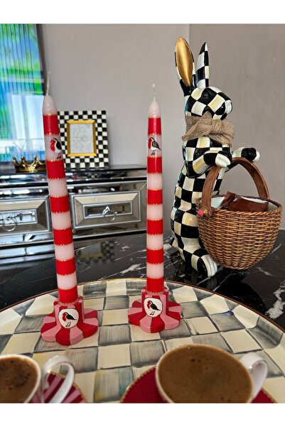 Hatice sakallı design 2 şamdan 2 mum 4 lü Pip Kuşlu Set el boyama mum ve mumluk
