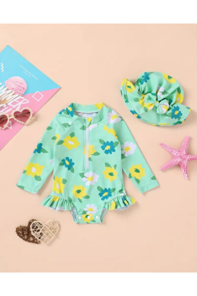 MODA Bebek Yeşil Çiçek Desenli Uzun Kollu Fırfırlı Mayo ve Şapka Takımı – Yaz...