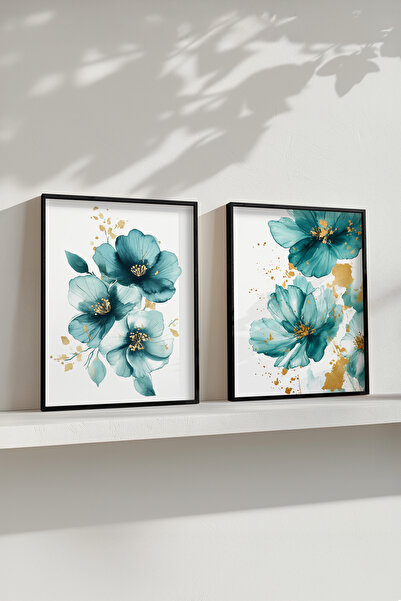 STARYUNA Set de 2 picturi cu efect de acuarelă florală turcoaz cu rame din le...