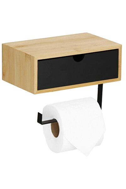 SERSIMO Suport hartie igienica din otel cu sertar depozitare, sistem montare inclus, 22cm, negru bej