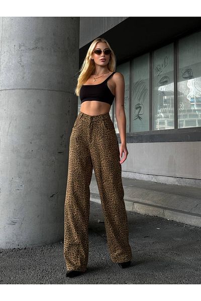 DIEANDMORE Leopard High Waist Gabardine Palazzo Pants