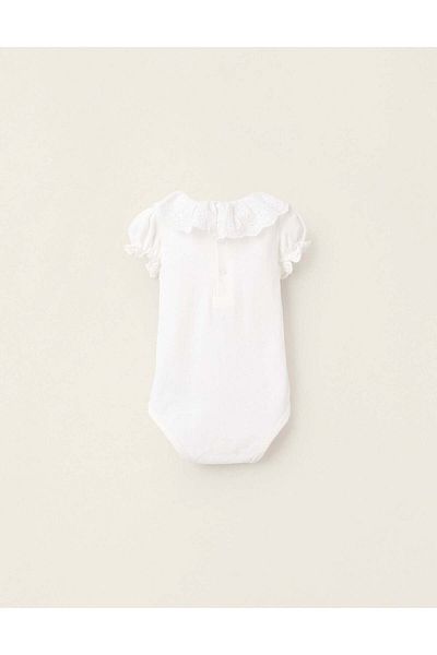 Ziddy Bodysuit-Blouse with Ruffles and Broderie Anglaise for Newborn Girls, White