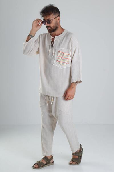 COCOPELLI Beige Linen Cotton Design Shalwar Suit