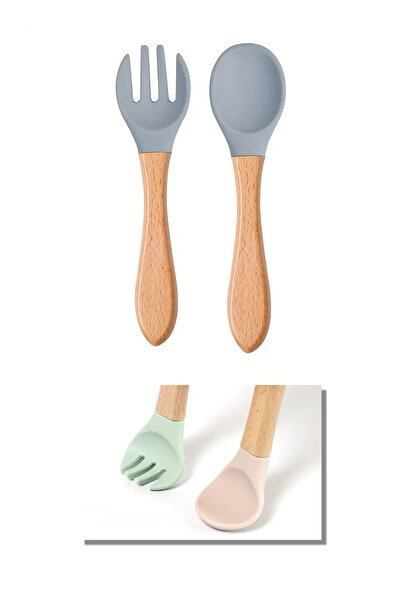 ARVALE Doğal Ahşap & Yumuşak Silikon Uçlu Bebek Mama Seti - Mavi