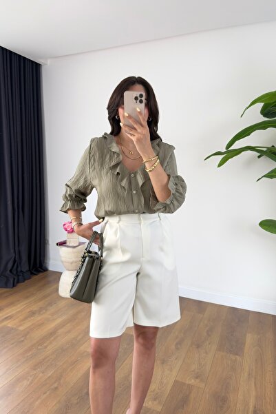 BİRCANÇİL Fubri Khaki V-Neck Ruffle Detailed Shirt