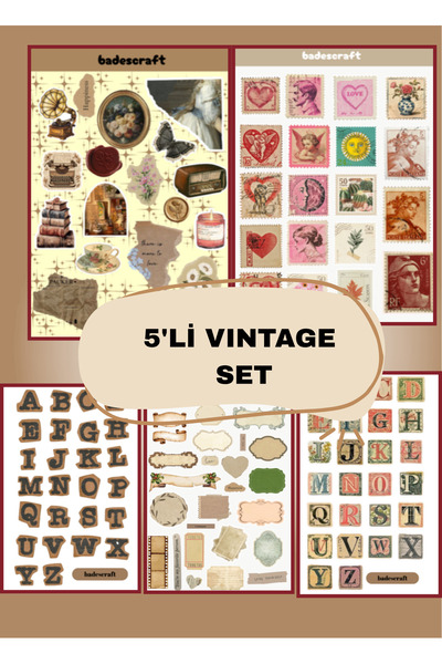 badescraft 5'Li Vintage Sticker Seti- Vintage Sticker Pul Harfler Sticker- Et...