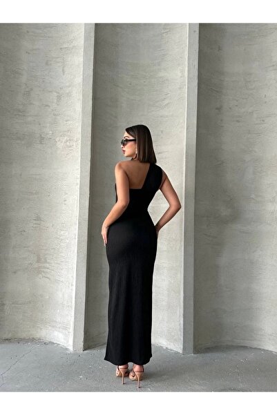 hibiscus Crinkle One Shoulder Long Dress Black S25455