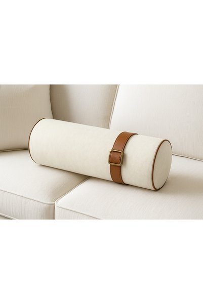 THE IVY CONCEPT STORE The Noble Run Series White Cylinder Throw Pillow with Tan Leather Piping