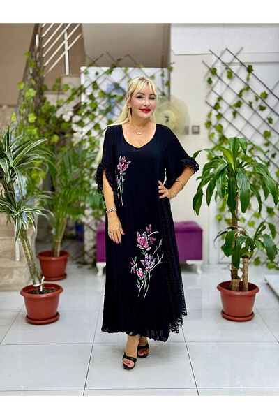 Punta Otantik Vl7795 Lace Detail Floral Printed Voile Dress Black