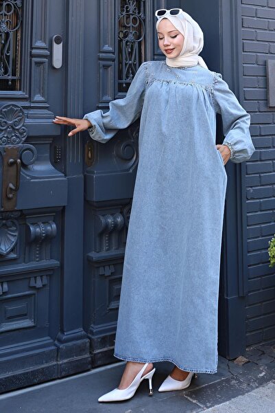 hafsamina Τζιν φόρεμα με ρόμπα Snow Wash HM2775 γαλάζιο