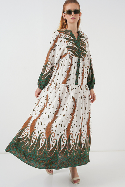 Bigdart Kadın Desenli Uzun Tesettür Elbise 2585 - Hardal