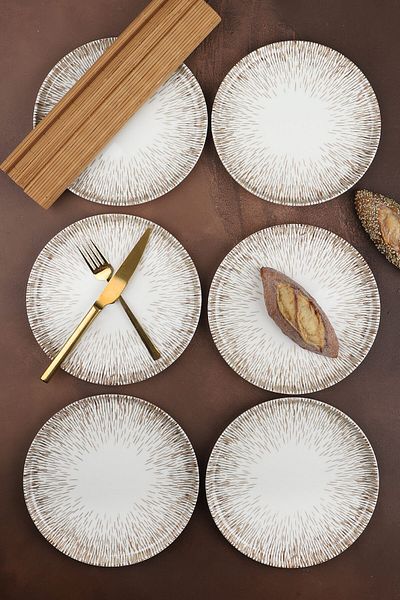 Porselen Diyarı Porcelain Line Pattern Digital Printing 6-Piece Cake Plate 20 cm
