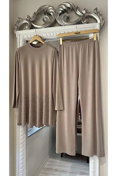 Invee 7143 Stone Printed Modal Suit - Beige