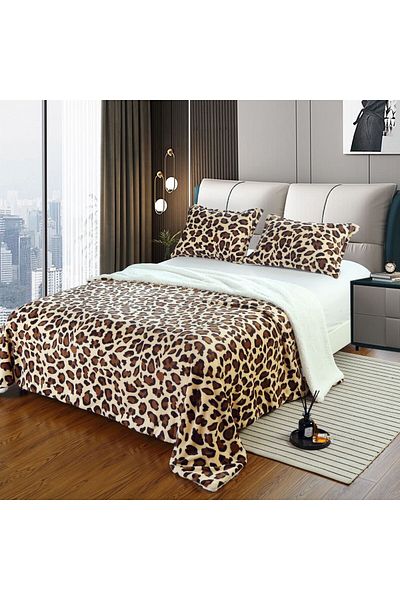 OEM Set de pături din blană Cocolino, 3 piese, pentru pat dublu, 2 fețe de pernă, 200x230 cm, leopard