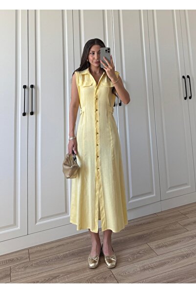 solena sln Kadın Düğmeli Keten Kemer Detaylı Uzun Sarı Elbise - BUTTER YELLOW ELBİSE