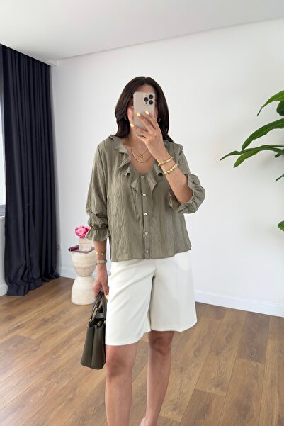 BİRCANÇİL Fubri Khaki V-Neck Ruffle Detailed Shirt