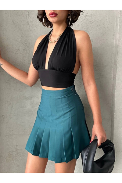 hibiscus Pleated Button Skirt Green S24811