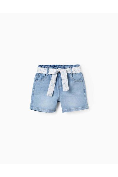 Ziddy Denim Shorts with Floral Belt for Girls, Blue