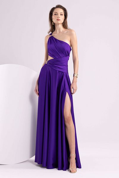 DORİDORCA Women's One Shoulder Window Detailed Maxi Evening Dress 7050 Purple