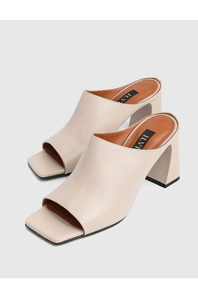 İLVİ Shirley Genuine Leather Beige Women's Heeled Slippers