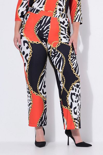Şans Women's Plus Size Colorful, Chain Pattern, Back Waist Elastic, Pocket Pants 65N39046