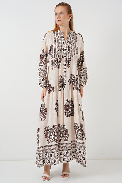 Bigdart Kadın Desenli Uzun Tesettür Elbise 2585 - M. Kahverengi