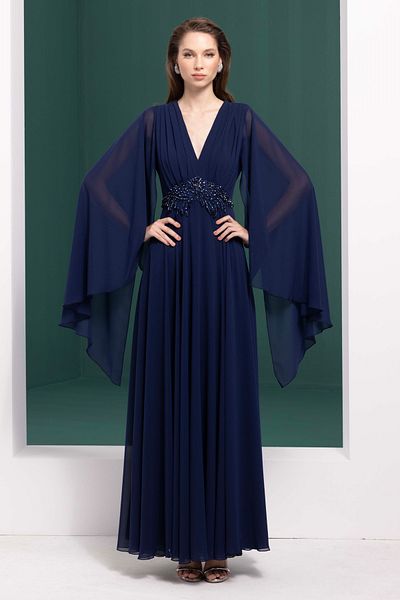 DORİDORCA Women's Sleeves Transparent Waist Stone Maxi Evening Dress 7011 Navy Blue