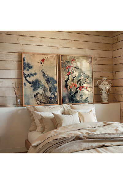 İkona Design Studio Japon Kuşları Ahşap Çerçeveli 2'li Poster Tablo Seti | Mo...