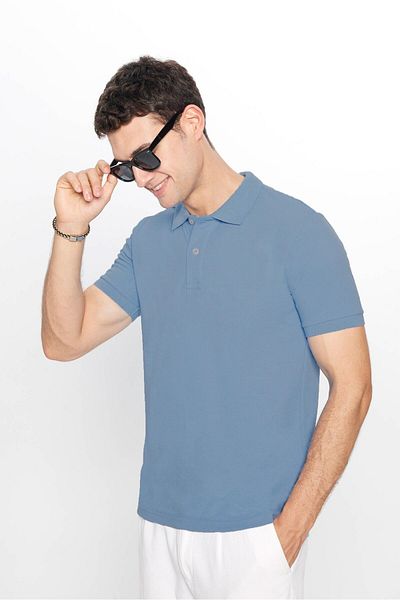 Tudors Men's Slim Fit Slim Fit Cotton Soft Texture Cool Holding Fabric Plain Pique Blue Polo Collar T-Shirt