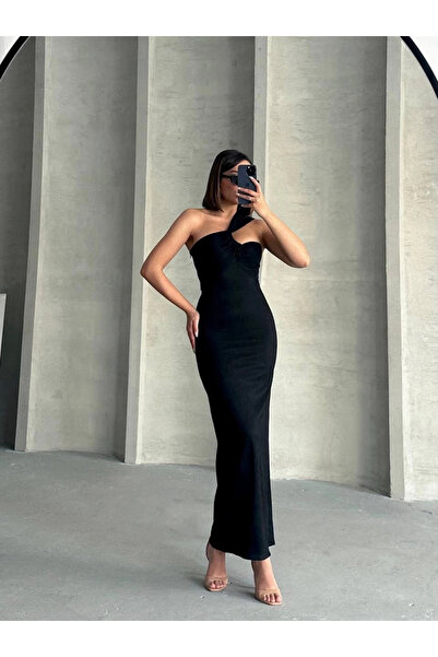 hibiscus Crinkle One Shoulder Long Dress Black S25455