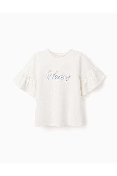 Ziddy Cotton T-shirt with Ruffle Sleeves for Girls 'Happy', White