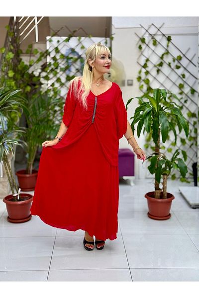 Punta Otantik Vl7010 Gathered Half Sleeve Voile Dress Red
