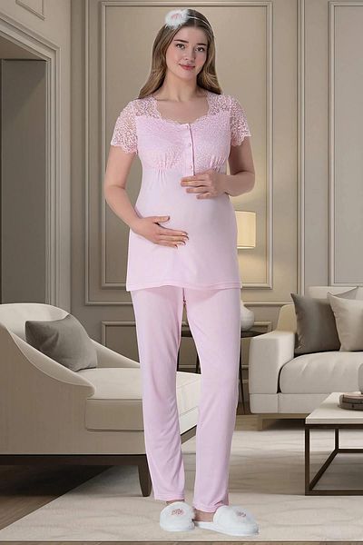 Mavelle Women's Pink Lace Detailed Maternity Maternity Pajama Set 6002