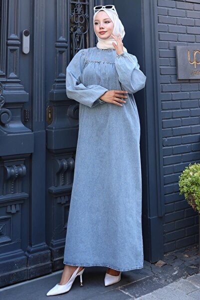 hafsamina Τζιν φόρεμα με ρόμπα Snow Wash HM2775 γαλάζιο