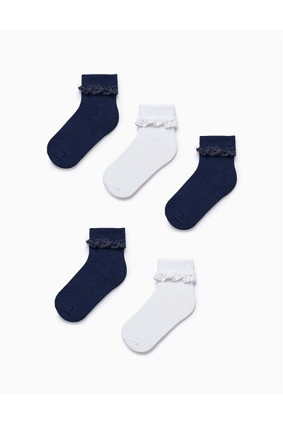 Ziddy Pack of 5 Pairs of Socks with Crochet for Girls, White/Blue